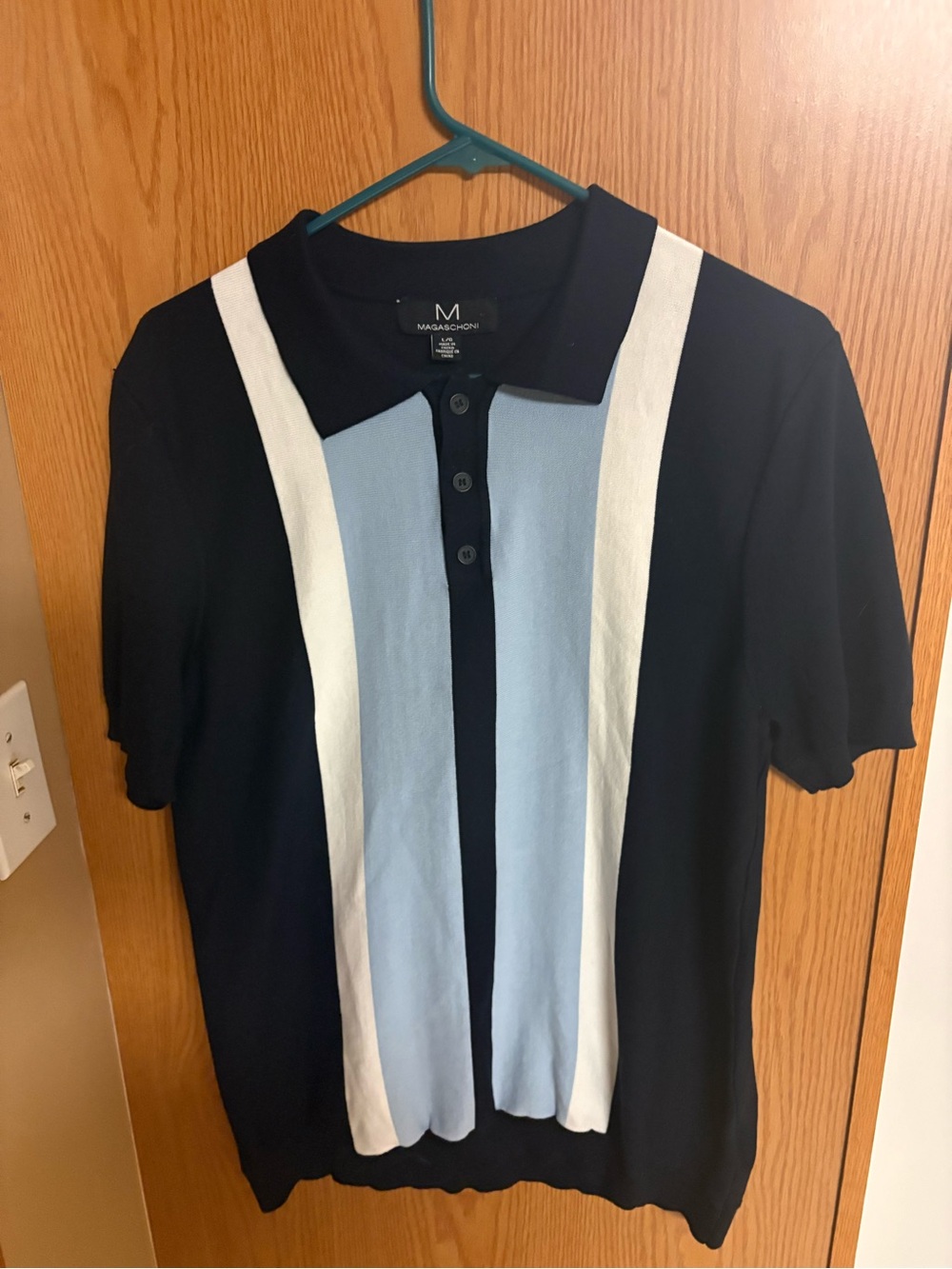 Magaschoni Navy Polo with Light Blue Center & White Stripes